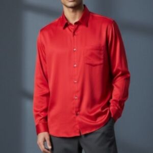 Zeroyaa Mens XL Red Dress Shirt Long Sleeve Satin Button Down Collar Holiday